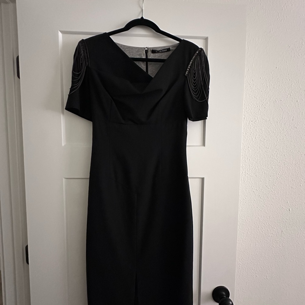 Black Halo Black Sheath Dress with Puff Sleeves and Cowl Neck